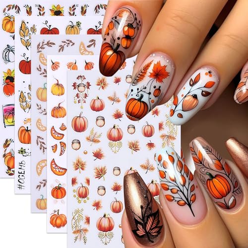 5Sheets Fall Nail Stickers Autumn Maple Leaf Nail Art Stickers 3D Self Adhesive Maple Leaves Nails Decals for Nails Art Thanksgiving Day Nail Decoration Pumpkin Nut Cute Manicure Supplies for Women - style: fall leaves
