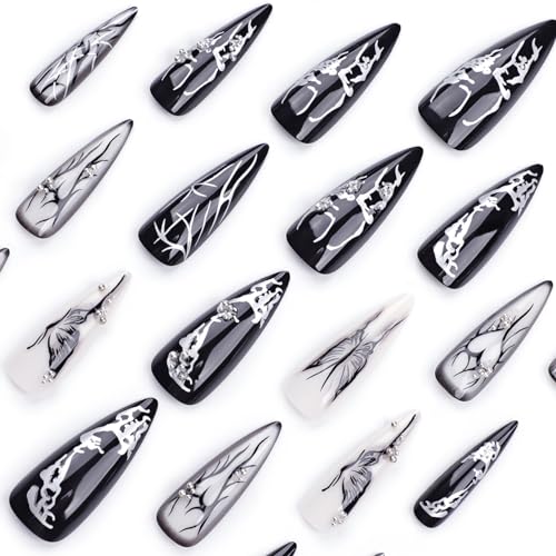 MISUD Press on Nails - Long Stiletto Glue on Nails with Goth Black, Acrylic Gothic Butterfly Design 24 pcs - color: 06103-01-01Black