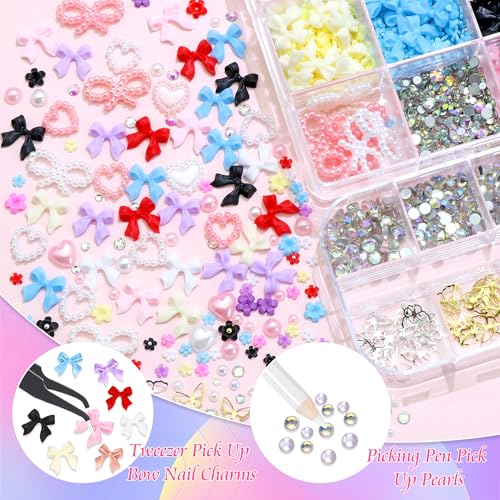 RODAKY Assorted Nail Charms and Flatback Pearls Gems Set,Pink White Bow Charm for Nail Art Designs,Cute 3D Flower for Nail with Rhinestones,Half Pearls for Nail Jewelry DIY Crafts Nail Art Decoration - color: Set 02 - 2 Boxes Nail Art Decos