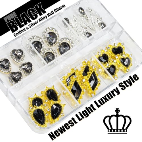 24pcs Black Nail Rhinestones Luxury Nail Charms Jet Black Heart Charms for Nails 3D Big Nail Gems K9 Glass Crystals Diamonds Jewelry Stones Alloy Nail Art Studs Nail Art Decor for Arylic Nails Crafts - color: Luxury Charms - Black, size: 1 Box
