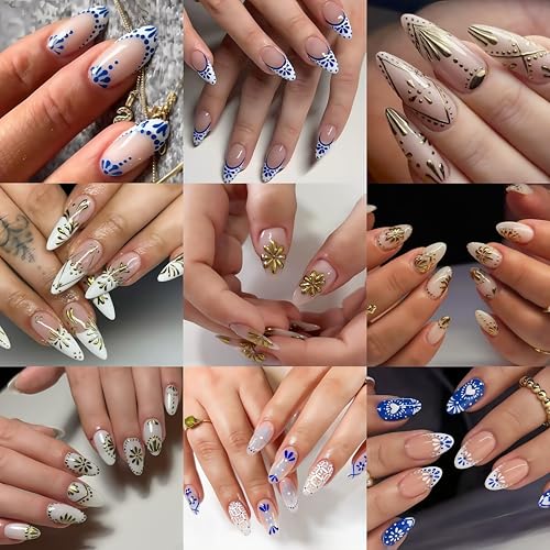 6 Sheets Bohemian Nail Stickers for Nail Art 3D Self-Adhesive Flower Nail Art Stickers Gold Silver Floral Nail Decals Bohemian Style Retro Blue Manicure Art Decoration Charms for Women Nails Supplies - style: flower