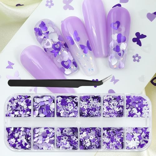 1 Box 2 Color Holographic Hearts Flower Nail Glitter Purple Nail Sequins 3D Butterfly Nail Flakes Sparkly Powder Flakes Shiny Nail Confetti Hollow Chunky Glitter for Nails Art 12 Grids - color: Color 25