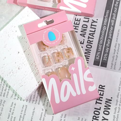 Short Square Press on Nails Gold Fake Nails Butterfly False Nails with Design Glossy Short Nail Press ons Full Cover Acrylic Nails for Women 24Pcs - color: style 35