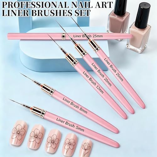 5Pcs Nail Art Liner Brushes Liner Brush for Nails Gel Striping Nail Brushes - color: Pink-B