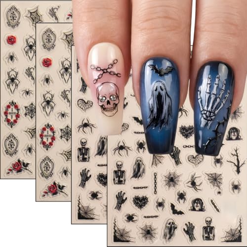5D Embossed Halloween Nail Stickers Ghost Spider Rose Skull Nail Decals - color: Multicolor1