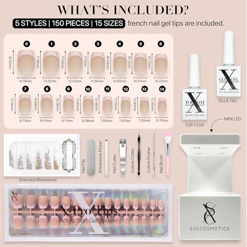 SXC Cosmetics French Tip Press On Nails - Skin Tone Nude and Color Series, XS Square X-Pro Tips Starter Kit ST113KIT - color: Skin Tone - XS Square