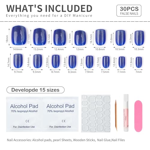 Royal Blue Press on Nails Short Square, Cat Eye Fake Nails, 30Pcs - color: B01-Ice Blue