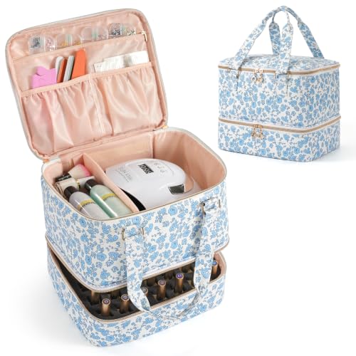 Uross Nail Polish Organizer Bag Case, 42 Bottles PU Leather- Blue Floral - size: Large- Hold 42 Bottles