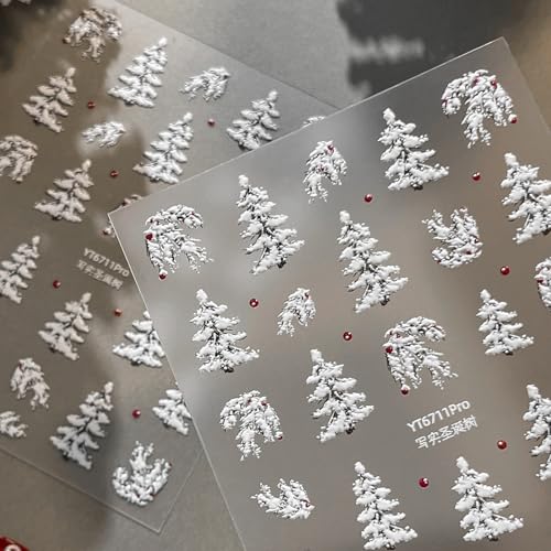 Christmas Nail Stickers for Nail Art Relief Christmas Tree Nail Art Stickers Holiday 5D Embossed White Nail Decals Self-Adhesive Nails Supply Manicure Sliders for Nails Decoration - color: White Christmas Tree