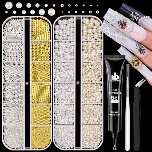 Nail Beads and Flatback White Pearls for Nails White Nail Pearls with Glue - color: 07 2 Boxes Nail Art Decos Set 1+Glue