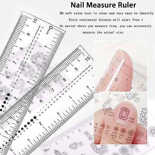 4-Piece Nail Measurement Ruler with Rhinestones - Measuring Tool for Acrylic Nails and DIY Manicure