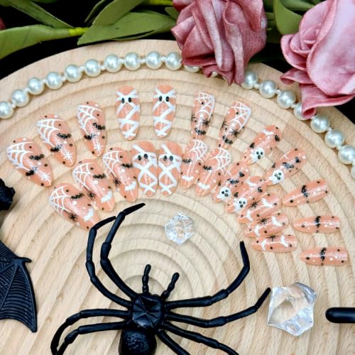 Halloween Press on Nails Long Almond Fake Nails Ghost Bat Spider Web Art - color: Halloween Press on Nails 05