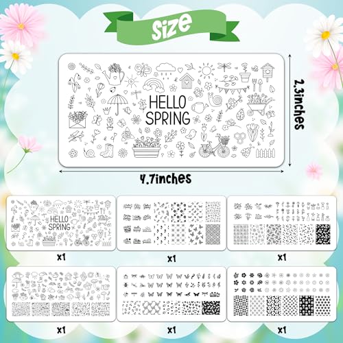 Y1tvei Hello Spring Nail Stamping Plates - 6Pcs Flower Butterfly Insect Daisy Rose Theme Finger Art Kit, Stainless Steel Nail Polish Template Printer Decoration DIY Manicure Salon Design Gift Supplies - style: Spring