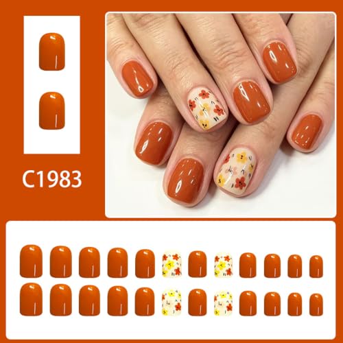 24Pcs Short Square press on Nails Fall Flower Fake Nails - color: Style-31