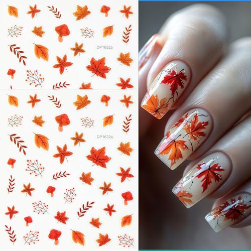 6 Sheets Autumn Nail Art Stickers Fall Maple Leaves Nail Stickers 3D Self-Adhesive Thanksgiving Pumpkin Pattern Nails Sticker Fall Glitter Leaf Nail Decals Holiday DIY Nails Manicure for Women - style: Pumpkin