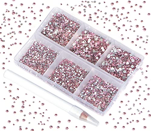 Bymitel 7200 Pieces 6 Mixed Sizes Glue Fix on Glass Rhinestones Round Crystal Gems Flatback for DIY Jewelry Making with one Picking Pen(6-Sizes 7200PCS, Lt. Rose) - color: Lt. Rose, size: 6-SIZES 7200PCS