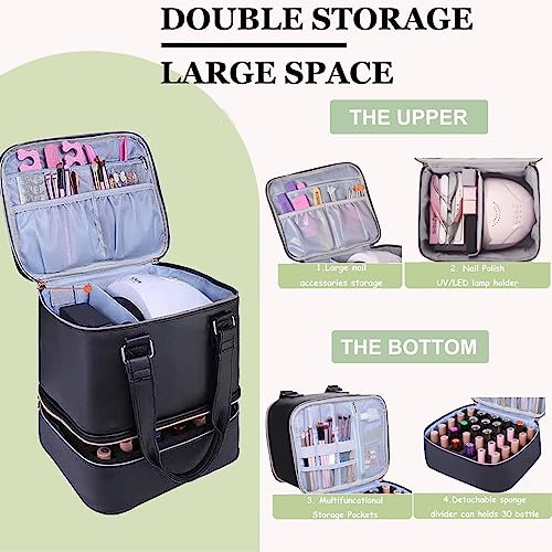 FCQQYWZ Nail Polish Organizer Case Hold 30+ Bottles (15ml/0.5 fl.oz) and a Nail Lamp, Double-Layer Nail Case Bag Nail Polish Organizer Bag, Nail Supply Organizers and Storage for Nail Tech (BLACK) - color: Black-30Bottles