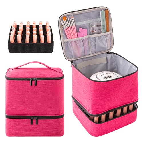 Nail Polish Carrying Case with UV LED Nail Lamp Compartment - Holds 30 Bottles, Double-layer Nail Light Storage Bag for Nail Dryer, Rose-Pink (BAG ONLY) - color: Rose Pink