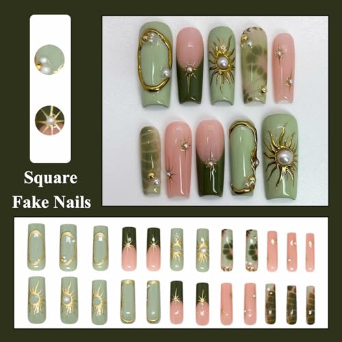 MISUD Press on Nails - Long Square Fake Nails with Green, Acrylic Gold Chrome Sun Star Design 24 pcs - color: 07814-09Green