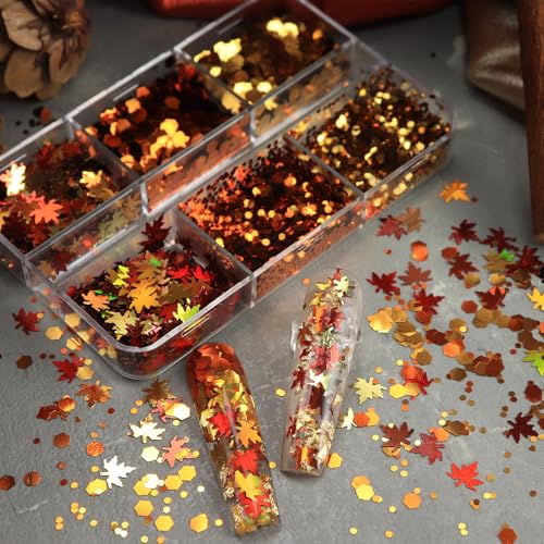 1 Box 6 Color Holographic Hexagonal Nail Glitter Fall Maple Leaf Nail Sequins 3D Sparkly Nail Flakes Laser Gradient Glitter Flakes Iridescent Nail Art Glitter Shiny Nail Sequins Glitter for Nail Arts - color: YHN31