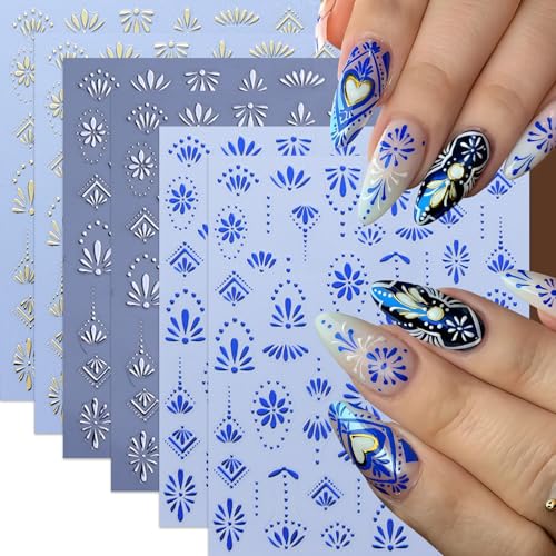 6 Sheets Bohemian Nail Stickers for Nail Art 3D Self-Adhesive Flower Nail Art Stickers Gold Silver Floral Nail Decals Bohemian Style Retro Blue Manicure Art Decoration Charms for Women Nails Supplies - style: flower