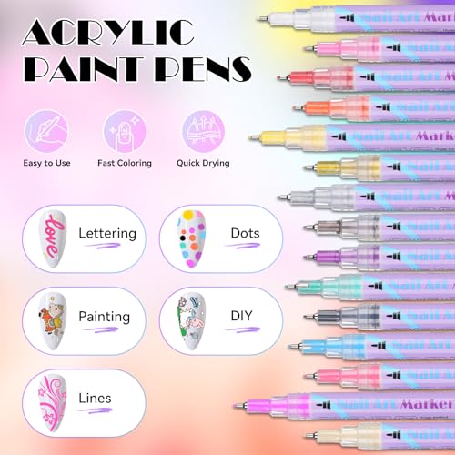 PFARRER 15 Colors Nail Art Pens Set, 0.5mm Fine Tip, Quick Dry - size: 15-piece set