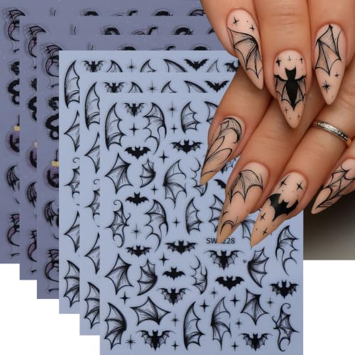 Halloween Black Bats Nail Art Stickers Bat Wing Nail Art Decals 6 Sheets 3D Self-Adhesive Bats Nail Stickers Black Dragons Dragon Wings Nail Designs for Women Halloween Nail Supplies Decorations - color: Halloween Style8