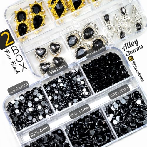 24pcs Black Luxury Nail Charms +2000pcs Jet Black Rhinestones 3D Big Nail Gems K9 Glass Nail Crystals Diamonds Jewelry Stones Alloy Nail Art Studs Decor Supplies Heart Charms for Arylic Nails Crafts - color: Luxury Charms - Black, size: 2 Box