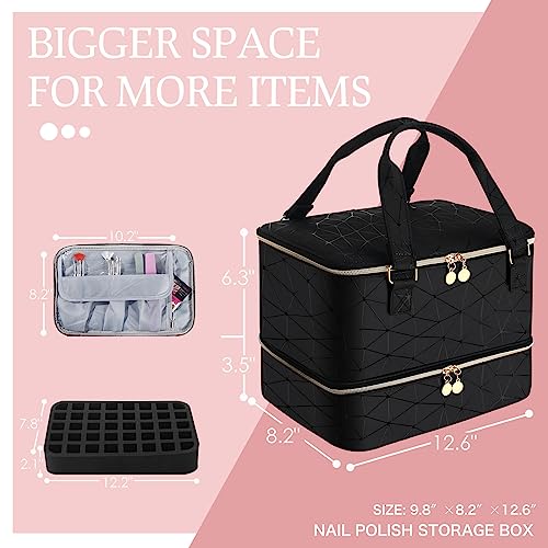 FCQQYWZ Nail Polish Organizer Case Hold 40+ Bottles (15ml/0.5 fl.oz) and Led Nail Lamp, Nail Supply Organizers and Storage for Nail Tech, Nail Dryer Case Nail Polish Bag Nail Kit Organizer (BLACK) - color: Black-40Bottles