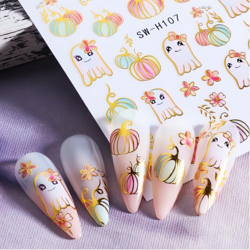 Halloween Pumpkin Nail Art Stickers Gilded Pumpkin Ghost Nail Art Decals 3D Self-Adhesive Glitter Pumpkins Nail Stickers Colorful Ghost Flower Nail Design for Women Thanksgiving Nail Supplies 3 Sheets - color: W12