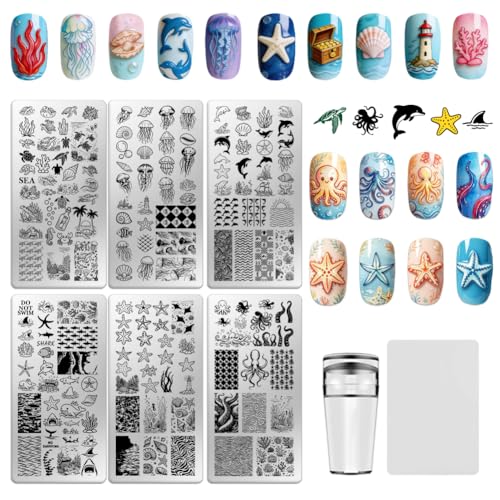6 Sheets Nail Stamping Plate Nautical Sea Nail Art Stamp - color: Marine Life Elements