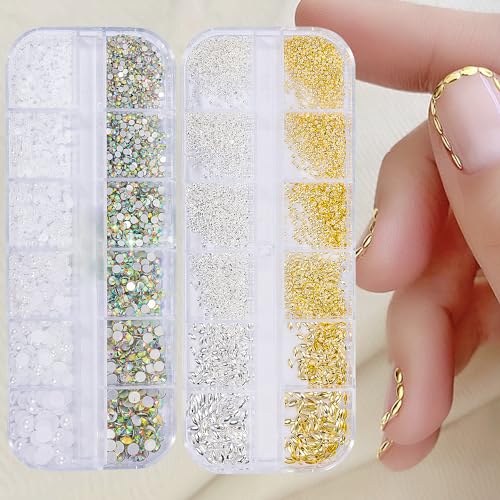 Nail Charms - Metal Silver & Gold Beads, Flatback Half Round Rhinestones, Small Nail Pearls, 3D Mixed Sizes Decorations for Nails Kits - color: Silver & Gold Beads Pearls Rhinestones