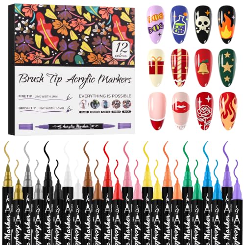 TOROKOM 12 Colors Nail Art Pens Set, Nail Art Markers 3D Nail Polish Pens - color: 12 Color Dual-Ended A