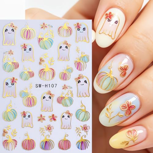 Halloween Pumpkin Nail Art Stickers Gilded Pumpkin Ghost Nail Art Decals 3D Self-Adhesive Glitter Pumpkins Nail Stickers Colorful Ghost Flower Nail Design for Women Thanksgiving Nail Supplies 3 Sheets - color: W12