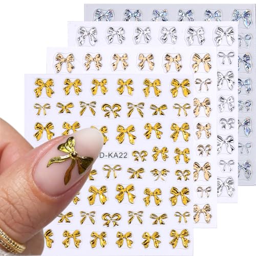 5D Embossed Bow Nail Stickers 4PCS Metalic Gold Silver Bow Charms - color: Chrome