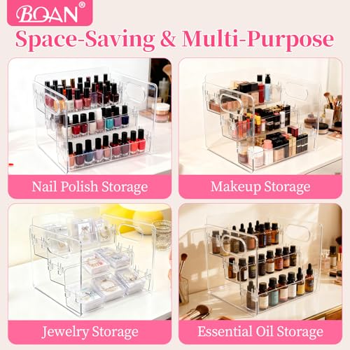 BQAN 3-Tier Clear Acrylic Nail Polish Organizer Rack with Built-in Handles