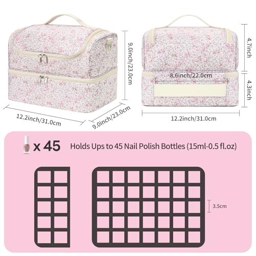 Nail Polish Organizer Bag - Nail Organizers and Storage Case Holds 45 Bottles & Nail Lamp, Travel Nail Tech Carrying Bag for Nail Supplies, Manicure Tools, Nail Kit, Nail Tech Gifts for Women - color: Pink Small Flower, size: 45 Slots