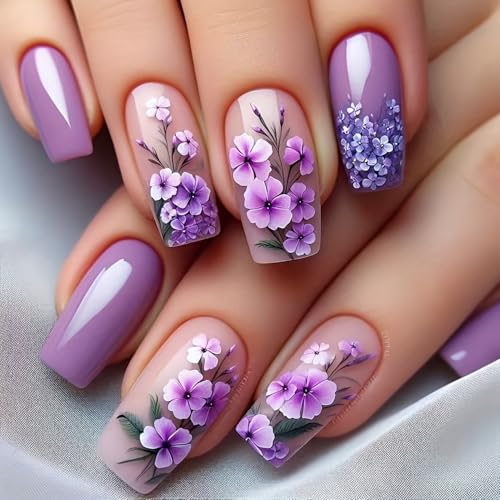 Flower Press on Nails Medium Length Fake Nails Purple Acrylic Nails Glossy Full Cover Spring False Nails Coffin Stick on Nails with designs Artificial Nails Gel Glue on Nails for Women Girls 24pcs - color: style15