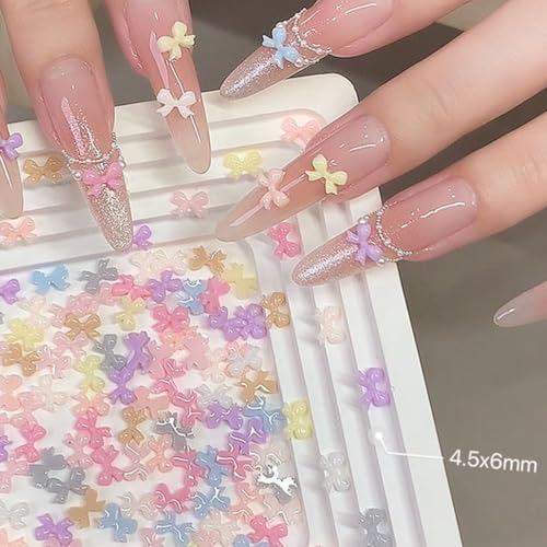 100PCS Cute Bow Nail Art Charms Colorful 3D Bowknot Charms for Nails Resin Flat Back Nail Jewelry Accessories Bowknots Mini Nail Supplies (Bow) - color: Bow