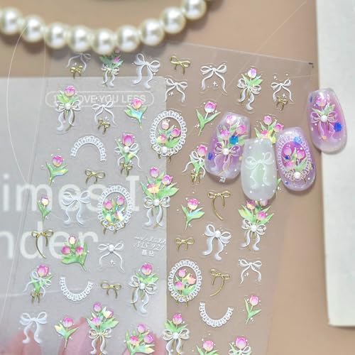 1 Sheet Tulip Nail Art Stickers 5D Embossed White Bow Nail Decals Tulips Floral Nail Art Stickers Decals Spring Summer Flower Nail Supplies Pearl Bow Nail Design Decoration Accessories for Women - style: pearl bow