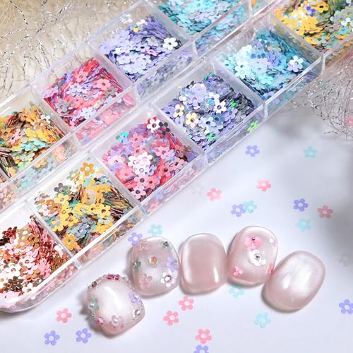 Spring Mini Flower Nail Art Glitter Sequin 12Boxes Cute Colorful Flower Nail Flake Decals 3D Holographic Five-Petaled Flower Nails Glitter Nail Art Supplies for Women Manicure Spring Nail Decorations - color: Five-Petaled Flower