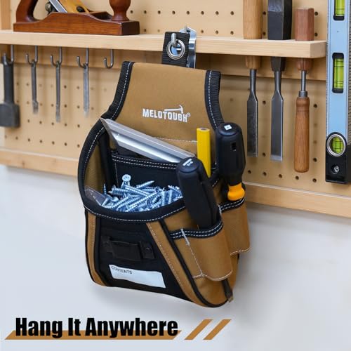 MELOTOUGH Nail and Screw Organizer Bag for Electricians and Carpenters, Tool Belt Pouch with Belt Clip, Heavy Duty Work Fastener Pouch - color: Brown
