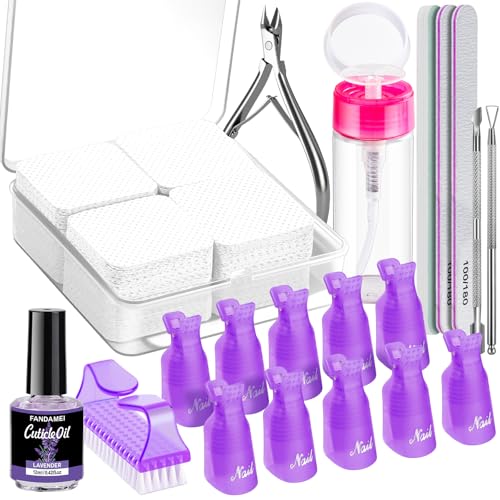 FANDAMEI Gel Nail Remover Kit with Soak Off Clips, Lint Free Wipes, Polish Remover Bottle, Cuticle Nippers, Pusher, Peeler. Cuticle Oil. Nail Files and Buffers. Gel Polish Removal Nail Soak Off Kit - color: purple
