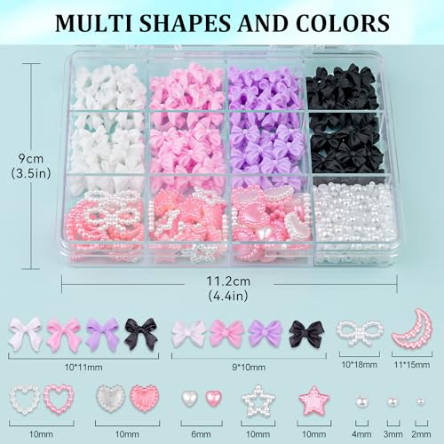 600 Pcs 3D Nail Bow Charms and Flatback Pearls Nail Charms Set 7 - color: Set 7- 4 Colors A+B Style