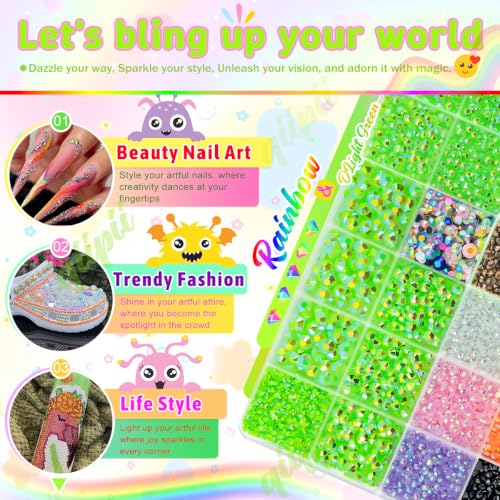 qiipii 2mm-6mm Light Green AB Resin Rhinestones w B7000 Glue for Bedazzling - color: Light Green, size: Jelly