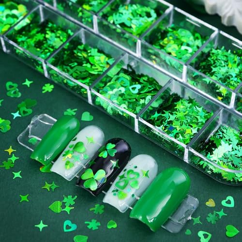 1 Box Holographic St. Patrick's Day Nail Glitter Shamrock Clover Nail Sequins 3D Green Nail Flakes Sparkly Powder Flakes Shiny Nail Glitter Hearts Star Nail Sequins Glitter for Nails Art 12 Grids - color: Color 49