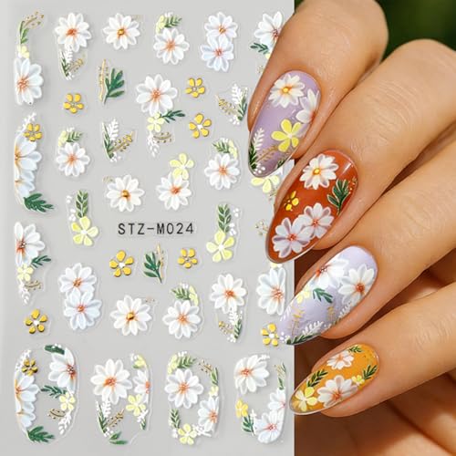 Flower Nail Stickers 5D Emboss Self-Adhesive Stickers White Floral Nail Art Decals with Daisy Lily Design Spring Summer Decals for Women 3 Pcs - color: Daisy and Lily