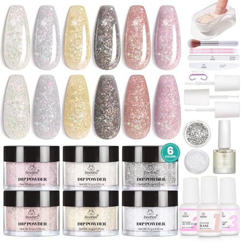 Beetles Dip Powder Nail Kit, 6 Colors White Pink Grey Yellow Glitter - color: Luxury Radiance
