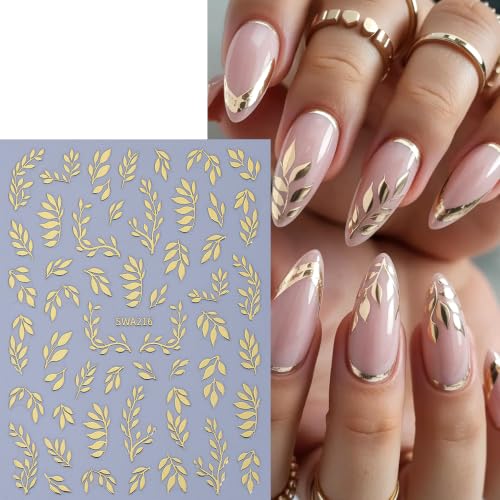 6 Sheets Fall Leaf Nail Stickers 3D Self-Adhesive Leaves Nail Decals Gold Silver Rose Gold Leaf Nail Design Cute Branches Leaves Nail Supplies Fall Winter Nail Accessories for Women DIY Manicure - color: Leaves