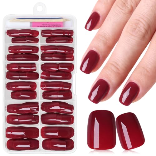 Short Red Press on Nails Square Fake Nails Press ons Red Glue Nails-G - color: Wine Red